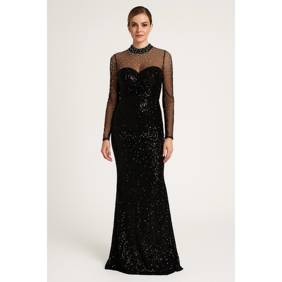 FAERIESTY Velvet Mesh Long Sleeve Sequin Pearl Embellished Maxi Ballgown - Picture 1 of 13